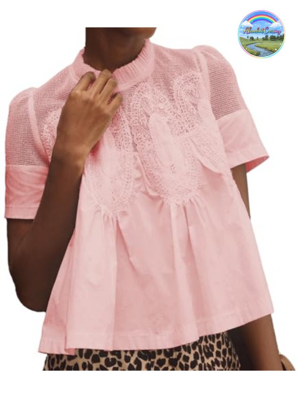 Women Lace Detail Flared Poplin Mesh Swing Blouse Short Sleeve Crew Neck